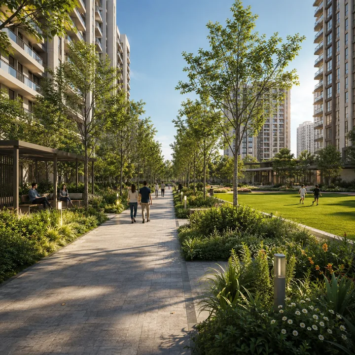 Brigade Innovation Gardens landscaped green belt - 10 per cent of the site with 3,800 saplings